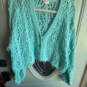 POL Open Knit V-Neck Mint Green Cardigan Sweater